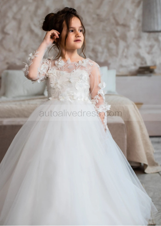 Long Sleeves Ivory 3D Lace Tulle Flower Girl Dress With Detachable Train